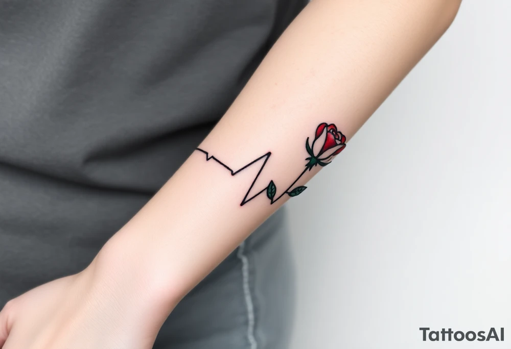 A continuous heartbeat line shaped like a rose, with the petals shaded in rich red and the stem in dark green. tattoo idea