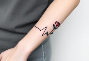 A continuous heartbeat line shaped like a rose, with the petals shaded in rich red and the stem in dark green. tattoo idea