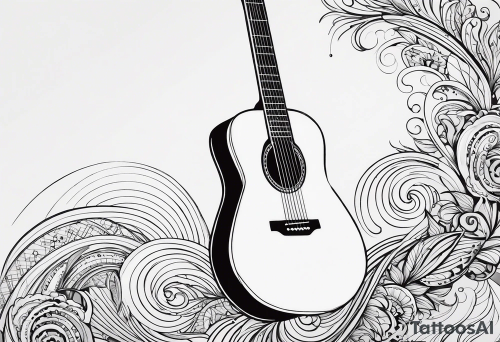 A minimalist guitar design, small in size, with clean lines and vintage detailing. The guitar represents a deep connection to music, with a classic, understated design that captures its essence without embellishments. tattoo idea