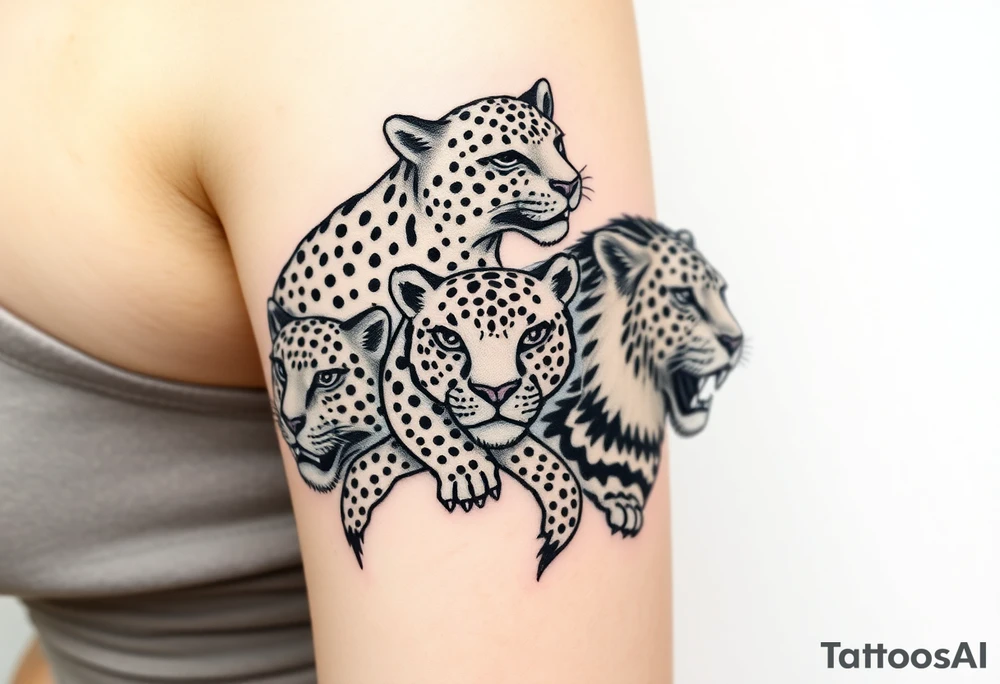 old school style montage of these big cats:
a leopard , a cheetah , a jaguar a black panther and a lion - as a wrap around bracelet style - about 3 inches each cat - on my upper right arm right above the elbow tattoo idea