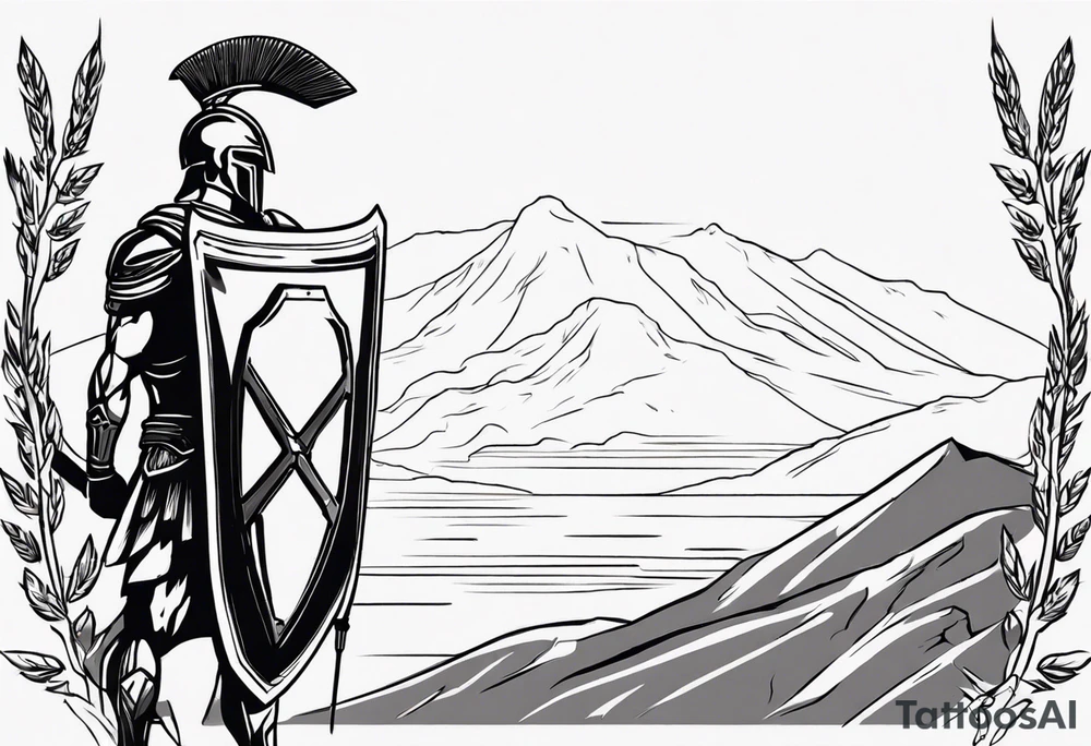 rectangular landscape format ultra-fine line linework vector of a spartan from the side, spartan spear, spartan shield, laurel wreath tattoo idea
