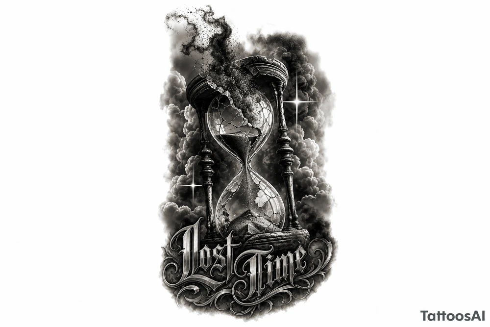 Black and grey realism tattoo design of a cracked, shattered hourglass centered in dark heavy clouds. Sand and dark smoke floating upward out of the glass. Custom gothic script lettering that says "Lost Time" wrapped around the base. Chicano style shading, deep blackwork background, sharp 4-point sparkle stars, high contrast, clean white background, tattoo stencil style. Put on the throat not the back of neck put “Lost Time” like on the side on neck but still connected make lost time wat smaller tattoo idea