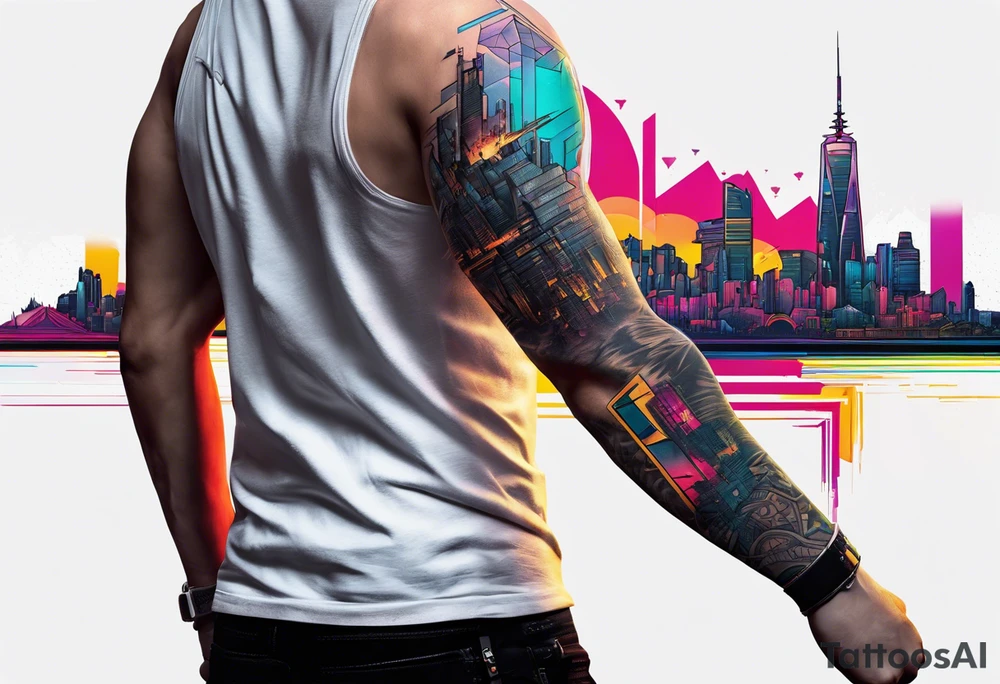 cyberpunk 2077, forearm tattoo, geometric, subtle, men, city skyline, bright colour, tattoo idea