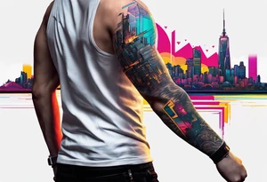 cyberpunk 2077, forearm tattoo, geometric, subtle, men, city skyline, bright colour, tattoo idea