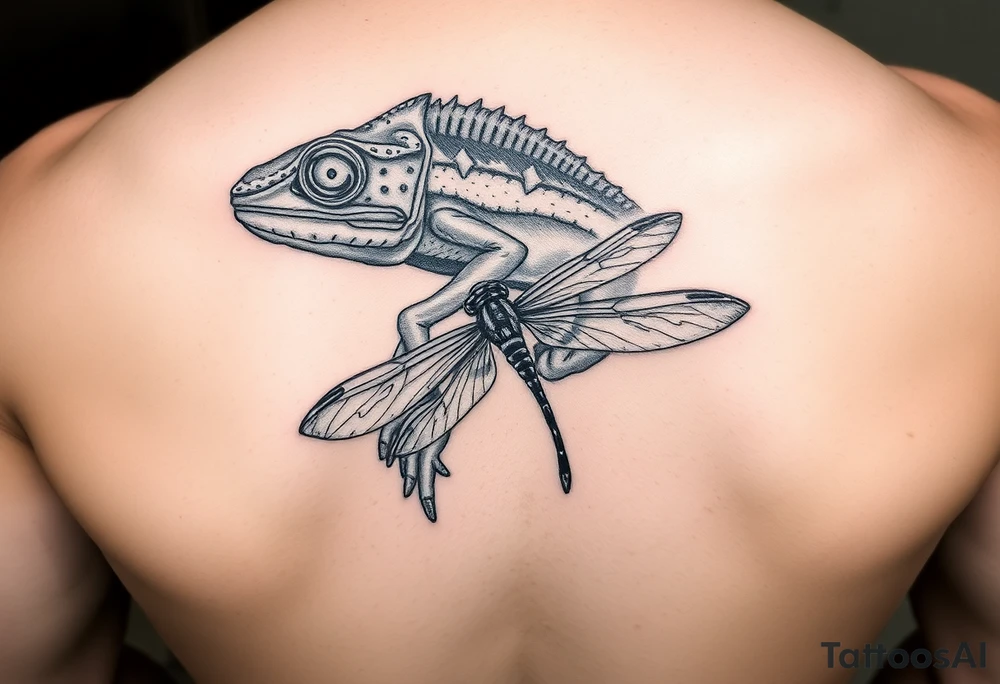 Hyper realistic chameleon eating a dragonfly tattoo idea