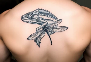 Hyper realistic chameleon eating a dragonfly tattoo idea