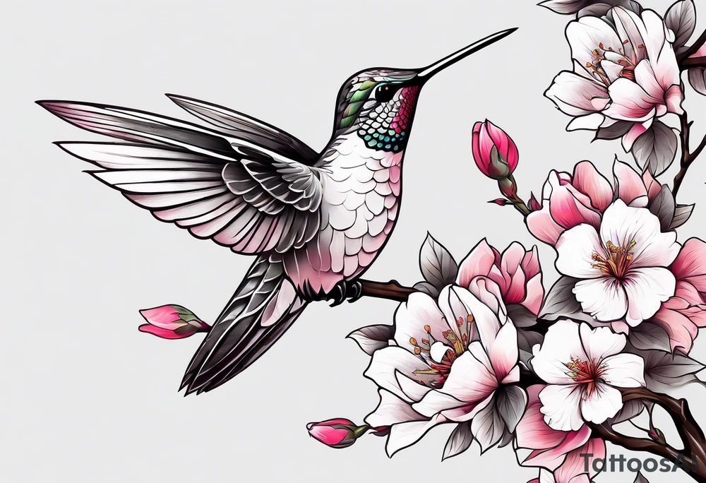 Hummingbird on sakura branche with piony rose tattoo idea