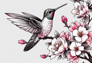 Hummingbird on sakura branche with piony rose tattoo idea