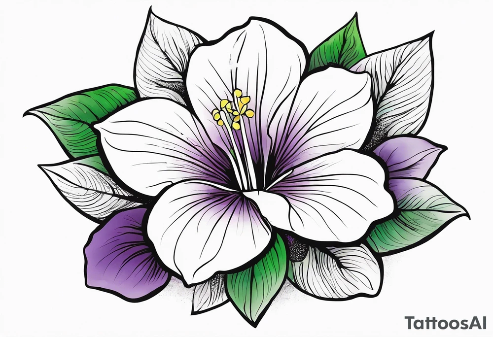 An outline of a rio dipladenia flower with a green and purple watercolor sky in the background tattoo idea