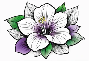 An outline of a rio dipladenia flower with a green and purple watercolor sky in the background tattoo idea