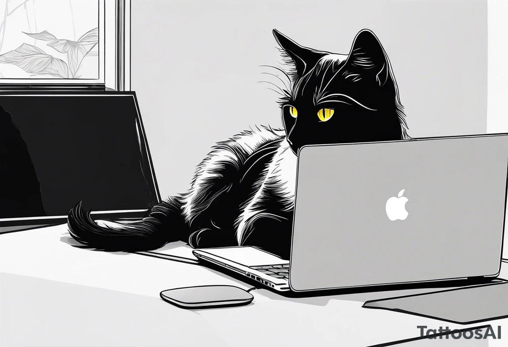 Abstract black cat sitting in Front of a MacBook and Programming. tattoo idea