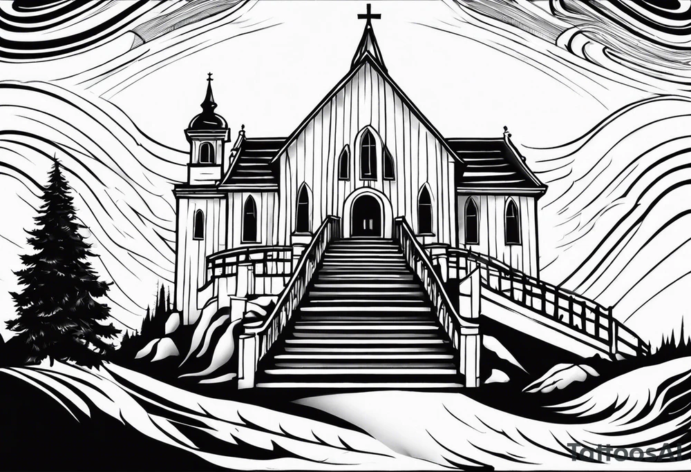 Valhalla  fog stairs mist church tattoo idea