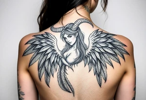 Woman Harpy with horns and lots of feathers tattoo idea