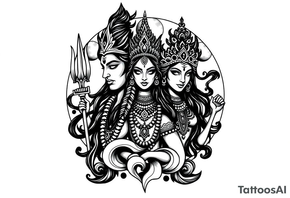 Lord Shiva, Godess Kali, Godess Lilith with the moon phases in the background tattoo idea