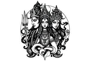 Lord Shiva, Godess Kali, Godess Lilith with the moon phases in the background tattoo idea