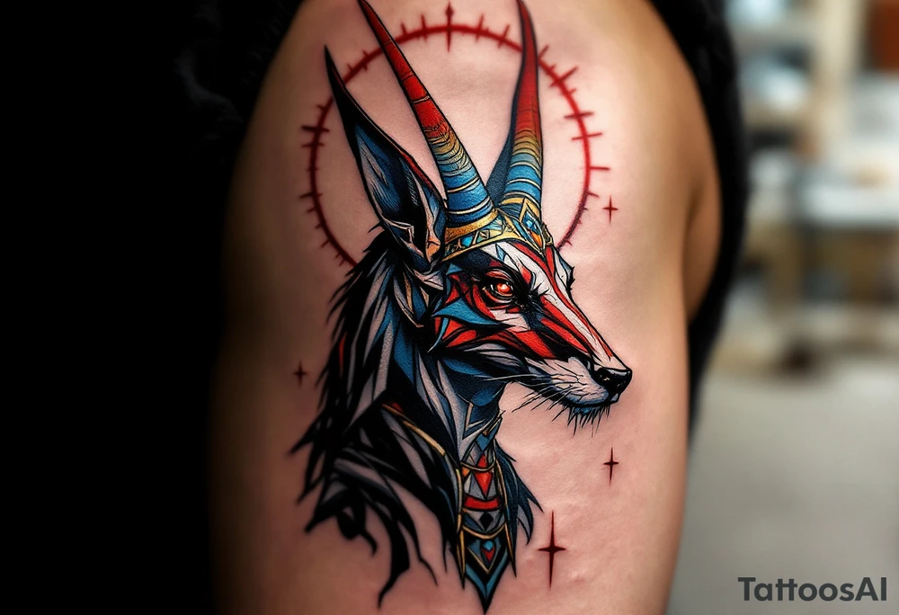 An Anubis with a Halo - Blending Egyptian mythology with Christian spirituality (only red , blue and black are possible colors) tattoo idea