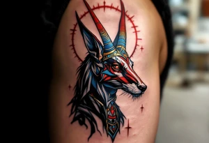 An Anubis with a Halo - Blending Egyptian mythology with Christian spirituality (only red , blue and black are possible colors) tattoo idea