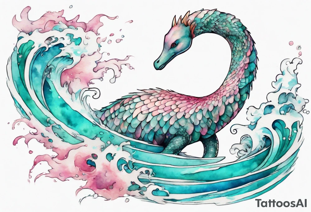 a beautiful feathered Nessie with turquoise and pink scales emerging from the waves tattoo idea