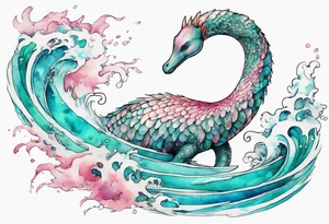 a beautiful feathered Nessie with turquoise and pink scales emerging from the waves tattoo idea