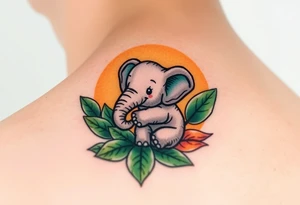 A baby elephant holding its elephant mama trunk, surrounded by soft green leaves and warm earth tones, symbolizing guidance and protection tattoo idea