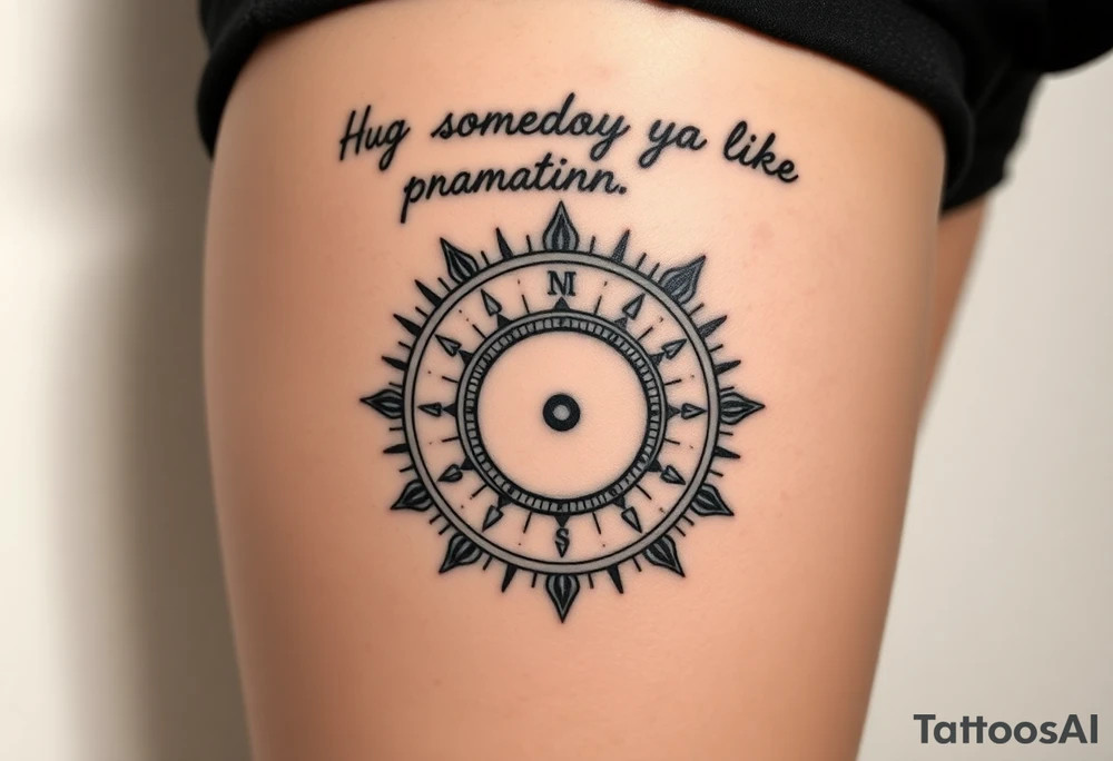 Three dimensional sundial casting shadow with handwriting “Hug somebody ya like” above. tattoo idea