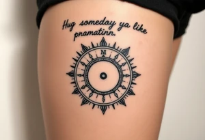 Three dimensional sundial casting shadow with handwriting “Hug somebody ya like” above. tattoo idea