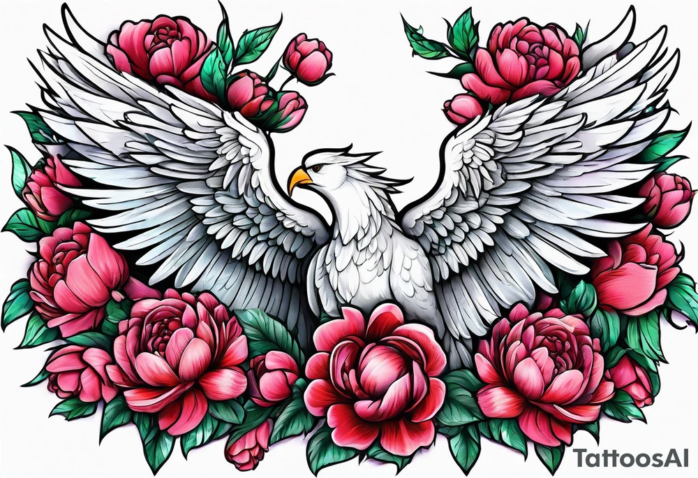 beautiful angel wings with floral peonies, roses, neon, brightly colored. highly detailed, tattoo idea