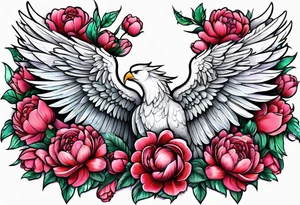 beautiful angel wings with floral peonies, roses, neon, brightly colored. highly detailed, tattoo idea