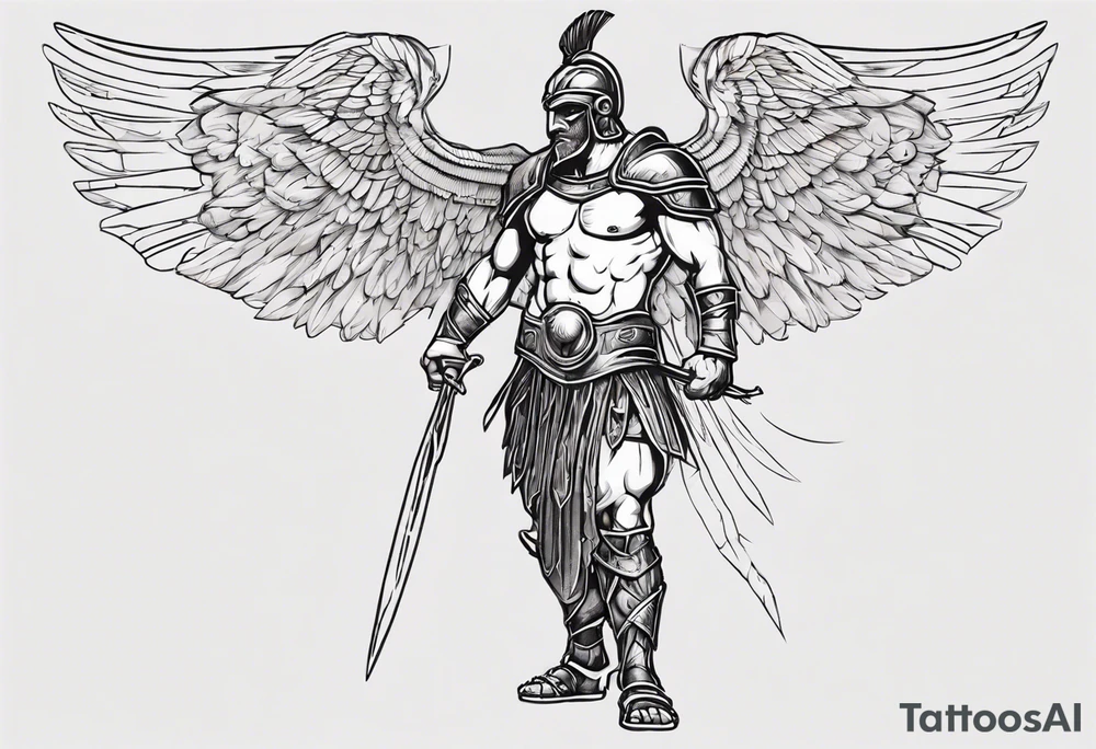 ultra-fine line linework vector of a gladiator with wings tattoo idea