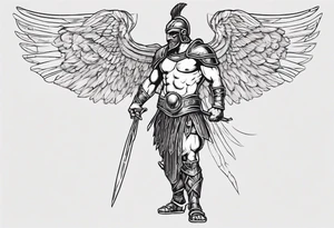 ultra-fine line linework vector of a gladiator with wings tattoo idea
