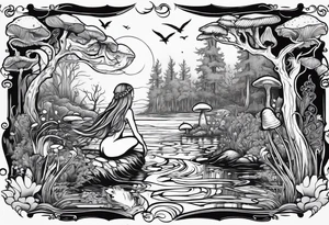 Mermaid silhouette in a swamp with cypress trees, mushrooms and music. tattoo idea