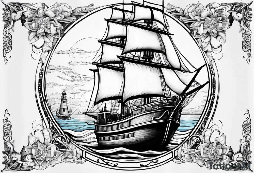 bateau, phare maritime, phoenix,    lune bleu. tattoo idea