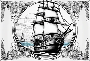 bateau, phare maritime, phoenix,    lune bleu. tattoo idea