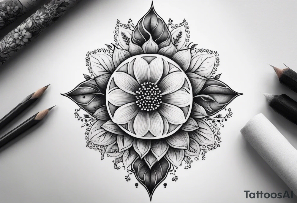 Design an ornamental tattoo featuring a single stem with delicate leaves and blossoms, using thin lines for a refined look. tattoo idea