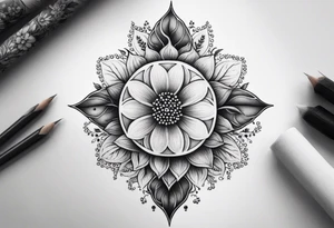 Design an ornamental tattoo featuring a single stem with delicate leaves and blossoms, using thin lines for a refined look. tattoo idea