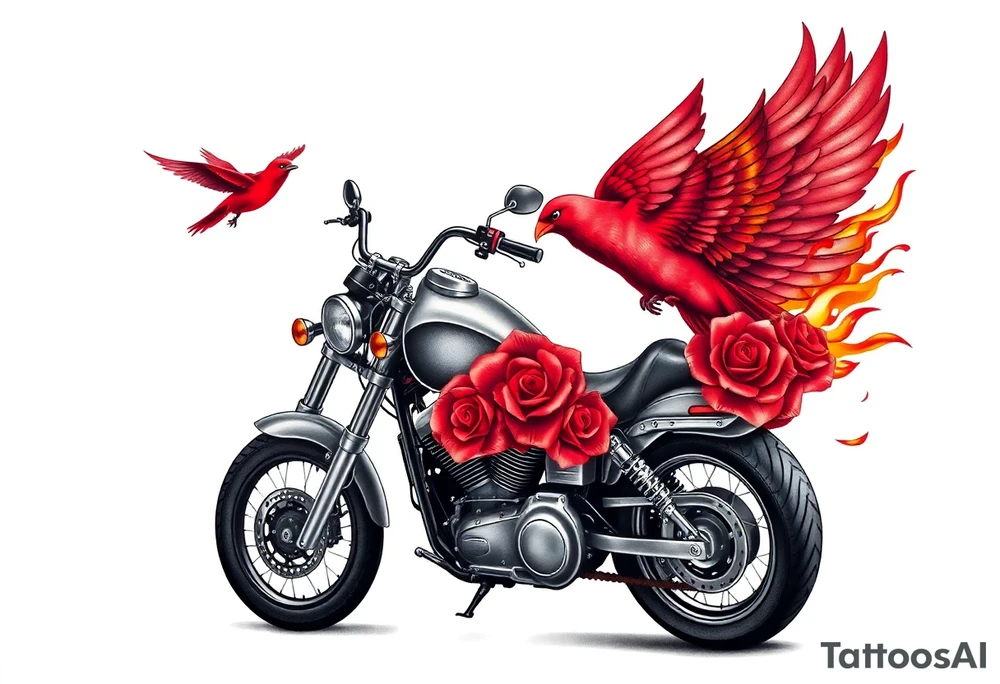 Harley grey motorcycle driving away, two red birds flying, roses, flames,angel wings tattoo idea