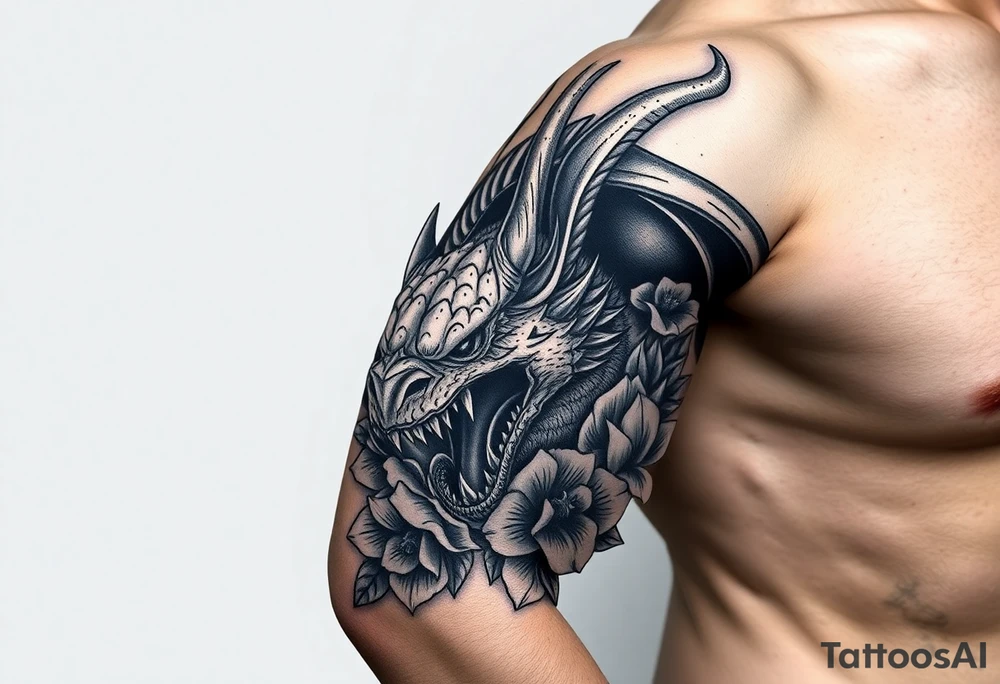 scary dragon with death flowers tattoo idea