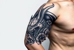 scary dragon with death flowers tattoo idea