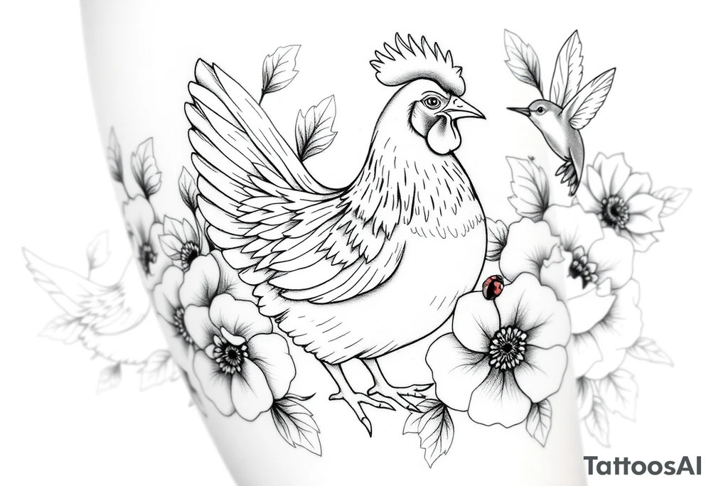 A chicken surrounded by peony , roses and hydrangeas with ladybug on flowers petal with hummingbird tattoo idea