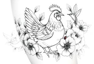 A chicken surrounded by peony , roses and hydrangeas with ladybug on flowers petal with hummingbird tattoo idea