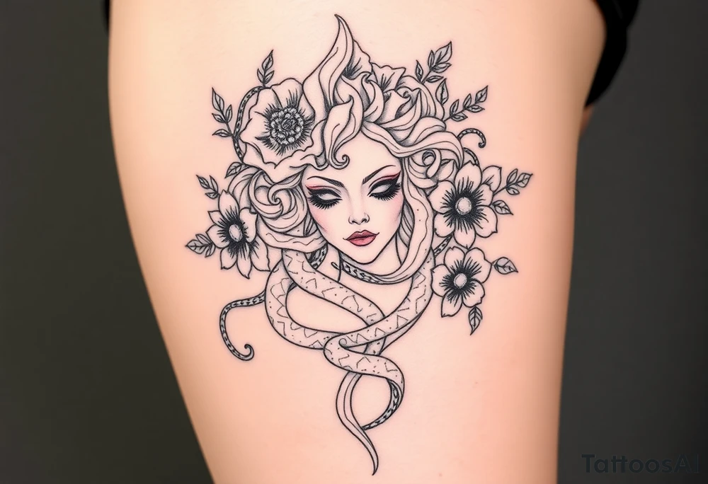 Big Medusa flowers snakes tattoo idea