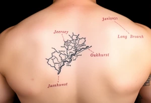 NJ shore map with Middletown Township, Long Branch, Asbury Park and Oakhurst tagged in tattoo idea