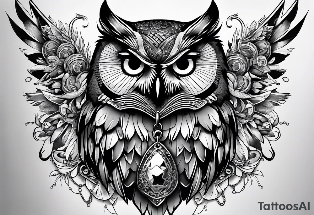 Owl with dog tags tattoo idea