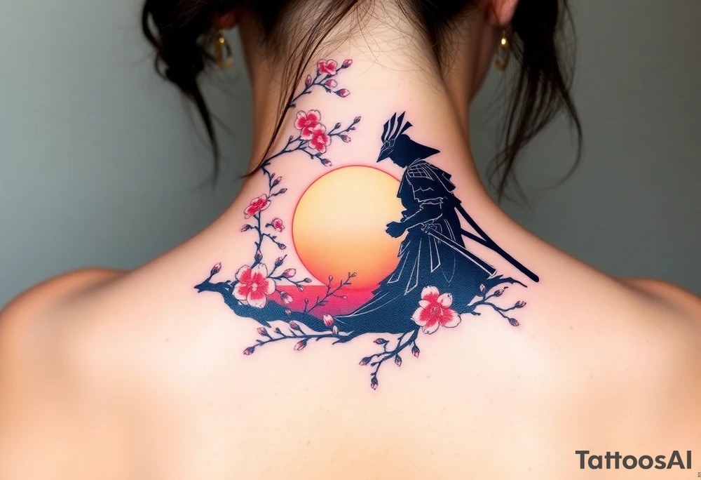 noble samurai warrior silhouette at sunset with cherry blossoms tattoo idea