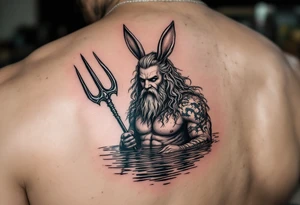 poseidon with trident half way in calm water with a martini and bunny ears tattoo idea