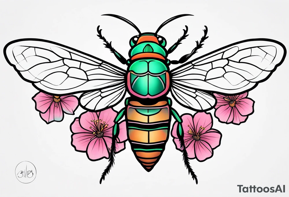 Neo traditional Cicada and pink flower tattoo idea