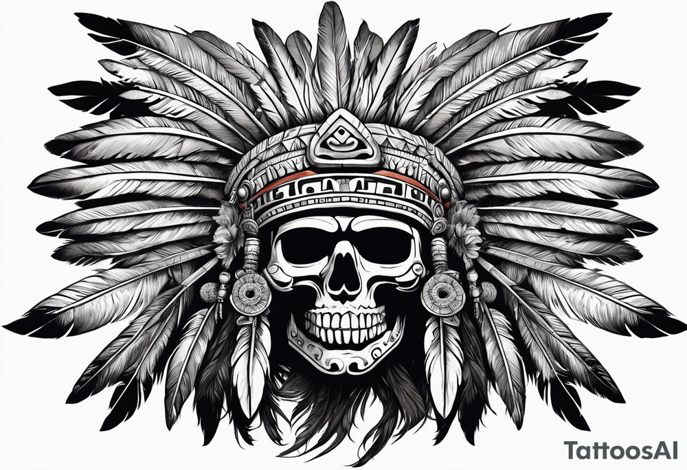 aztec god of death Mictlantecuhtli with long feathers around his head and skull as a head realistic tattoo idea