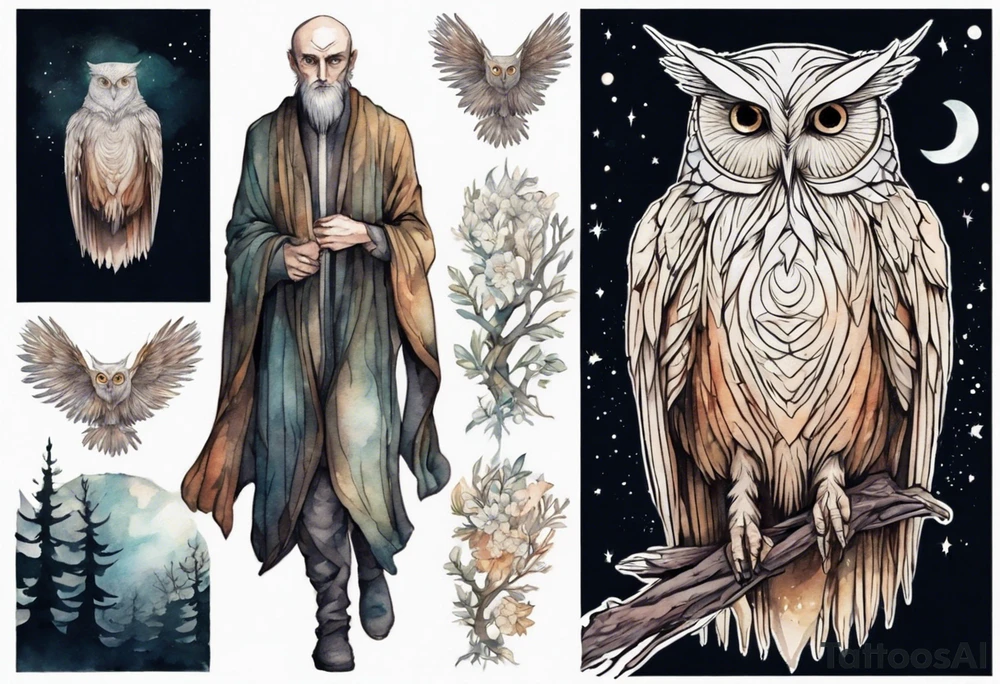 a tall thin medieval man with the head and wings of an owl walking on a forest path at night tattoo idea