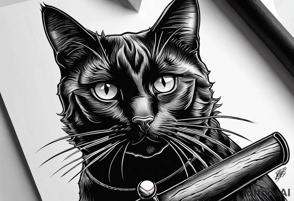 black cat hold a baseball bat tattoo idea