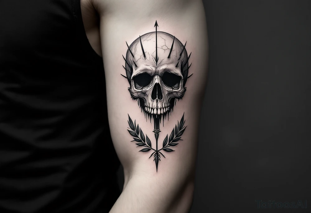 a sad skull whose head  stand out by needles and under the head come down an  arrow and surrounded  by two olive tree leaf around tattoo idea